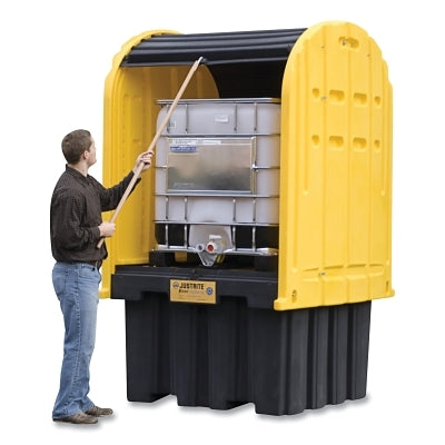 Cobertizo exterior para IBC con palé, compartimentos para montacargas y puerta enrollable, 260 cm de alto x 153 cm de ancho x 173 cm de profundidad, amarillo/negro