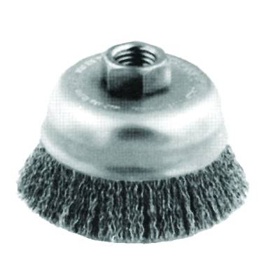 Wavy cup brush, 6-inch diameter, 5/8-11 mandrel, 0.014-inch steel wire