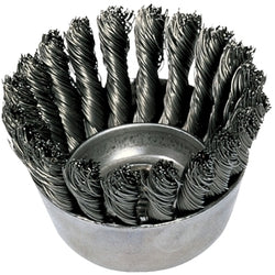 Cepillo de copa con nudo pequeño, diámetro de 2-3/4 pulg., mandril de 5/8 pulg. a 11 pulg., alambre de acero inoxidable de 0,020 pulg.