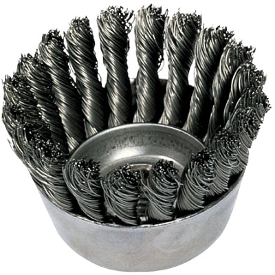 Cepillo de copa con nudo pequeño, diámetro de 2-3/4 pulg., mandril de 5/8 pulg. a 11 pulg., alambre de acero inoxidable de 0,020 pulg.