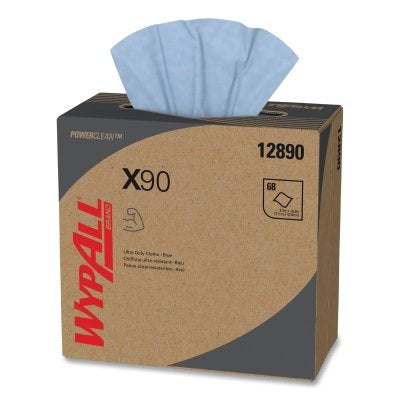 WypAll® POWERCLEAN™ X90 Ultra Duty Cloth, denim blue, 8.3" wide x 16.8" long, 68 per box, fold-out box