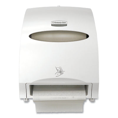 Electronic roll towel dispenser, made of plastic, white, for wall mounting