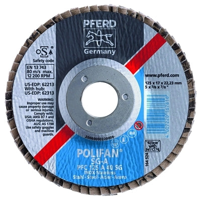 Disco de láminas POLIFAN® tipo 29 SG, 7 pulg. de diámetro, grano 40, diámetro de eje roscado de 5/8 pulg.-11, 8500 RPM, alúmina de zirconio Z