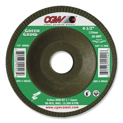 Muela abrasiva verde tipo 27, 4-1/2 pulg. de diámetro, mandril de 7/8 pulg., grano 36, zirconio y óxido de aluminio