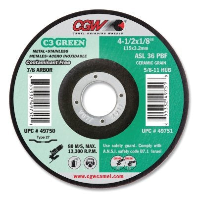 Green C3 grinding wheel, type 27, 4-1/2 in. diameter, 1/8 in. thickness, grit 36, 13300 RPM