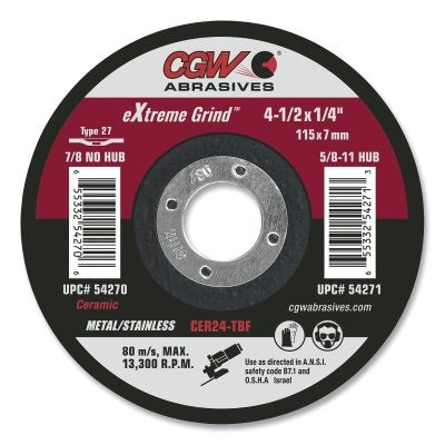 eXtreme Grind™ Type 27 grinding disc, 4-1/2 in. diameter, 1/4 in. thickness, 5/8 in. - 11 mandrel, 24 grit, ceramic