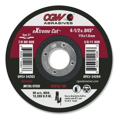 Rueda de corte de cerámica eXtreme Cut™ tipo 1, 5 pulg. de diámetro, 0,045 pulg. de grosor, eje de 7/8 pulg., grano 36