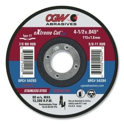 Rueda de corte de cerámica eXtreme Cut SS™ tipo 27, 6 pulg. de diámetro, 0,045 de espesor, mandril de 7/8 pulg., grano 46, cerámica