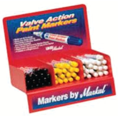 Expositores de marcadores de pintura Valve Action, (8) blancos; (8) amarillos; (4) rojos; (4) negros