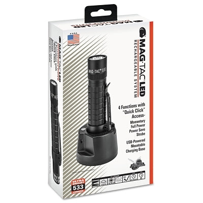 MAG-TAC® Rechargeable LED Flashlight System, Smooth Bezel, Black, 533 Lumens