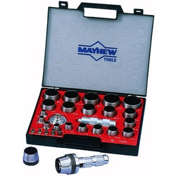 27-piece round hollow punch tool set, English style, with case, handle and mandrel