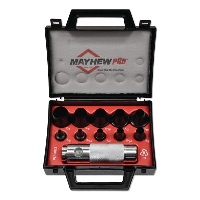 11-piece set of round, hollow punch tools, English style, with handle and case