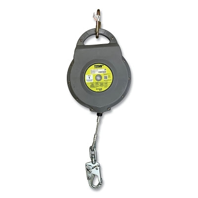 Línea de vida autorretráctil Titan™+, 15 m de largo, cable de acero galvanizado, conector superior de mosquetón de acero, gancho de seguridad, 182 kg, una sola rama