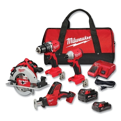 Kit combinado de 4 herramientas sin escobillas M18™, 18 V: taladro percutor, atornillador de impacto hexagonal, sierra circular, sierra alternativa, 2 baterías, cargador