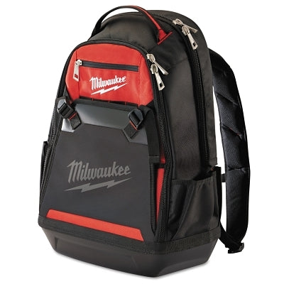 Ultimate work backpack, 1680D ballistic material, 48 pockets, black/red color, includes sternum strap and tape measure clip.