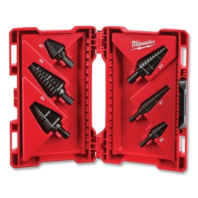 Stepped drill bit set, 6 pieces, cutting diameter from 1/8 in. to 1-1/8 in., includes drill bits #1, #4, #6, #7, #8 and #9.