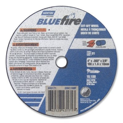 BlueFire Type 01 Cutting Disc, Right Cut, 4-1/2 in. Diameter, 7/8 in. Mandrel, 1/16 in. Thick, 36 Grit, Aluminum Oxide