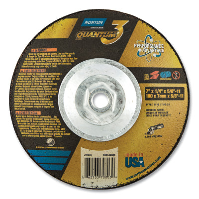 Rueda de platillo Quantum3® SG CA tipo 28, 7 pulgadas de diámetro, 0,25 pulgadas de espesor, eje de 5/8-11 pulgadas, grano 20, extra grueso
