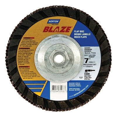 Type 27 fast-cutting abrasive flap discs, 7" diameter, 40 grit, 5/8" arbor
