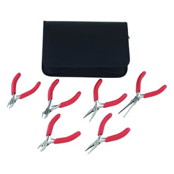 Set of 6 mini pliers: angled, cross, diagonal, fine-tipped and fine-tipped.