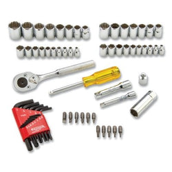 65-piece socket set, 1/4" and 3/8", 6-point/12-point, metric/SAE, includes adapters/hex keys/extensions/socket clips/socket bars