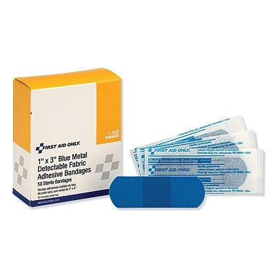 Blue metal detectable bandage, 1.50 inches wide, 4 inches long, knuckle bandage, metal-impregnated fabric