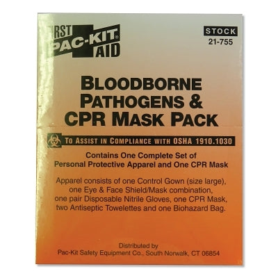 Paquete de ropa para patógenos transmitidos por la sangre con mascarilla de RCP, 8 piezas, cartón, portátil