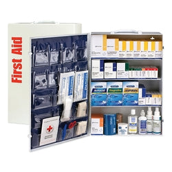 4-shelf first aid kit with medications, ANSI B+, metal wall-mounted case, carrying handle