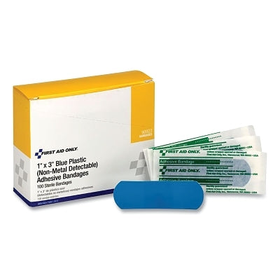 Blue plastic bandage, 1 inch wide, 3 inches long, plastic