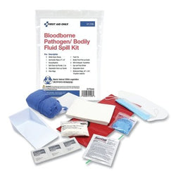 Single-use, one-person bodily fluid spill kits