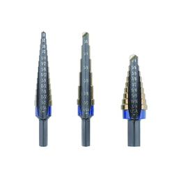 Cobalt stepped drill bit sets, cutting diameter from 1/8 in. to 3/4 in.