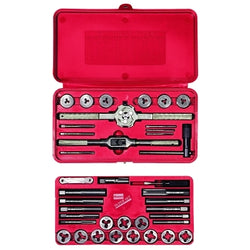 39-piece set for machine screws, fractional taps, and solid round dies