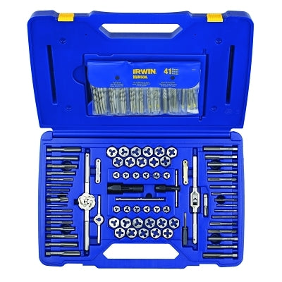 Juego de 117 brocas y machos de roscar y terrajas hexagonales para tornillos de máquina, fraccionales y métricos, incluye estuche de plástico.