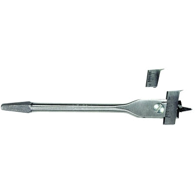 Adjustable wood drill bits with handheld holder, from 7/8 in. to 3 in. in diameter.