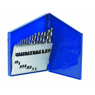 High-speed steel drill bit set, cutting diameter 1/16 in. to 1/4 in., metal case, 13 pieces