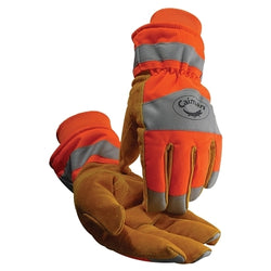 Winter work gloves 1353 made of cowhide leather, insulated, high visibility, waterproof and with polyester back, extra large, gold, orange and silver.