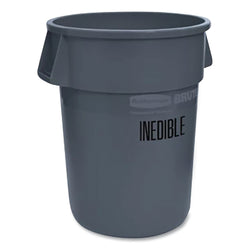Contenedor de alimentos BRUTE® redondo con impresión negra, sin tapa, 32 galones, plástico HD, impresión de "No comestible", gris