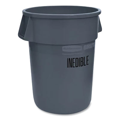BRUTE® Round Food Container with Black Print, No Lid, 32 Gallons, HD Plastic, "Not Edible" Print, Gray