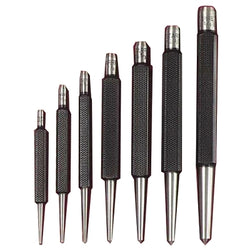 Set of center punches with square handles, pointed, English and round shapes, in a plastic case