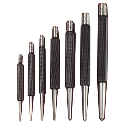 Set of center punches with square handles, pointed, English and round shapes, in a plastic case