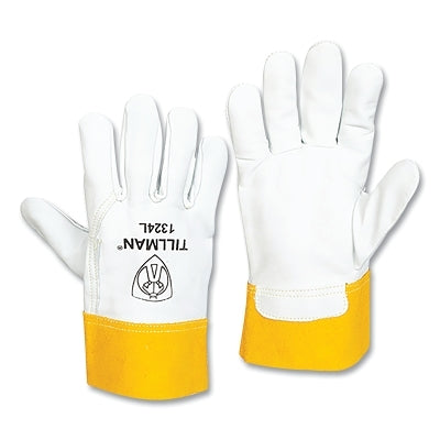 TIG welding gloves, 1338, goatskin palm/BOH/cowhide cuff, small size, pearl brown/bourbon, 4-inch long straight cuff