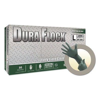 Guantes desechables de nitrilo Dura Flock® DFK-608, palma de 8,3 pulgadas, dedos de 7,9 pulgadas, forro flocado, talla pequeña, verde oscuro