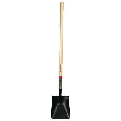 Square tip transfer shovel, 9.5" wide x 12" long, with step forward and open back, 28" straight fiberglass with padded grip.