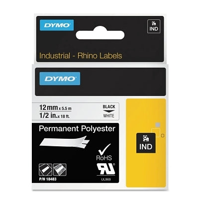 Cartucho de etiquetas permanentes de poliéster Industrial Rhino™, 3/8" de ancho x 18 pies de largo, impresión en negro sobre fondo blanco