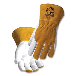 GM1540 Premium Goatskin MIG Gloves, Cowhide Leather, Large, Tan/White, Gauntlet Cuffs, 4 Inches Long. Lined.