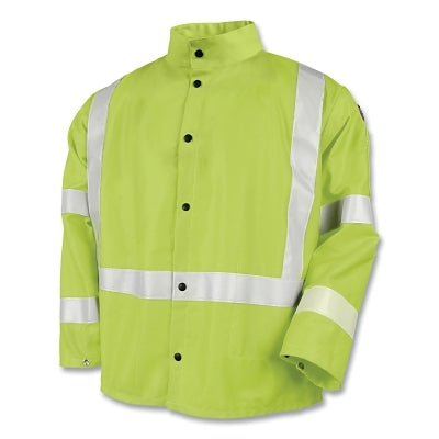 Chaqueta de soldadura de seguridad ignífuga JF1012 con cinta reflectante de 5 cm, extragrande, algodón ignífugo de 240 g, color lima de seguridad