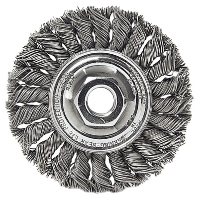 Rueda de alambre con nudo torcido estándar, 6 pulg. de profundidad x 1/2 pulg. de ancho, acero inoxidable de 0,016 pulg., 9000 rpm