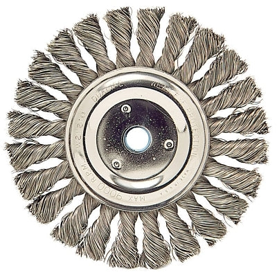 Wire wheel with twisted knot for cable, 8 in. deep x 1/2 in. wide, 0.023 in. steel wire, 6000 rpm