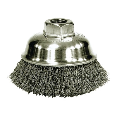 Crimped wire cup brush, 4 inch diameter, 5/8-11 UNC shank, bronze wire