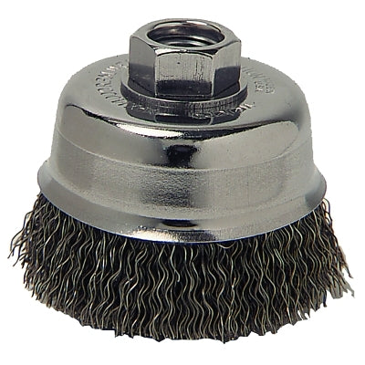 3 in. diameter crimped wire cup brush, 5/8 in.-11 in. mandrel, 0.012 in. stainless steel
